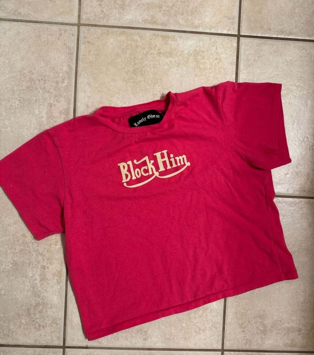 Lonely Ghost Block Him Crop T-Shirt Size XL Pink Cotton Spandex